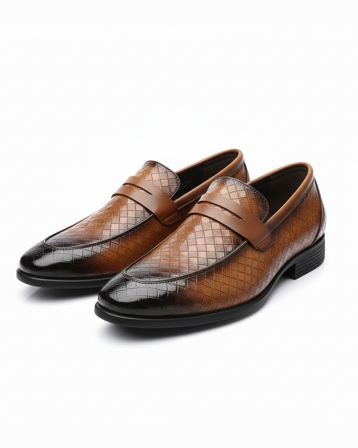 Men's brown woven leather slip-on loafers, perfect for casual dress & comfort.