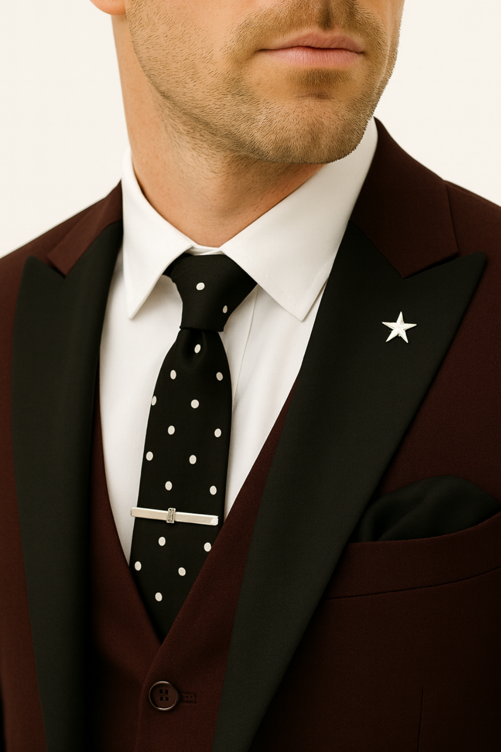 Elegant men's burgundy three-piece formal suit with waistcoat, ideal for weddings, galas, or special occasions.