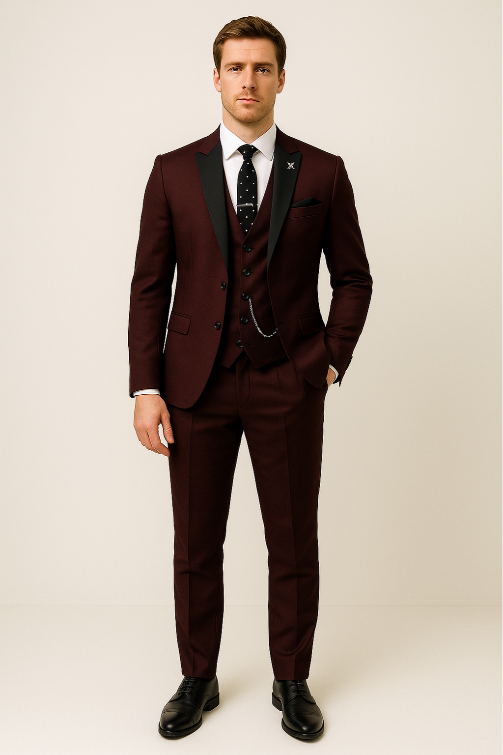 Tailored men's slim-fit burgundy suit, a stylish three-piece formal wear choice for modern fashion.