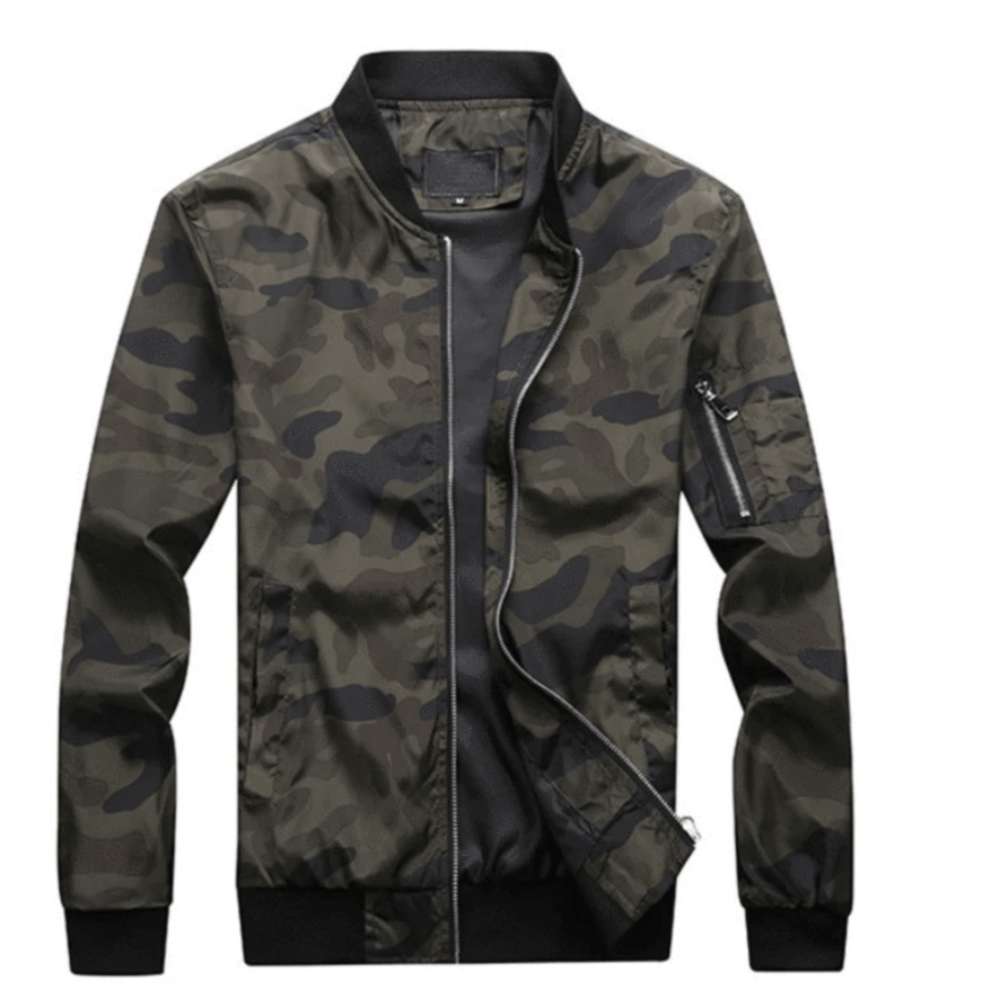 Men's camo polyester windbreaker bomber jacket with mandarin collar for casual wear, all-season outerwear.