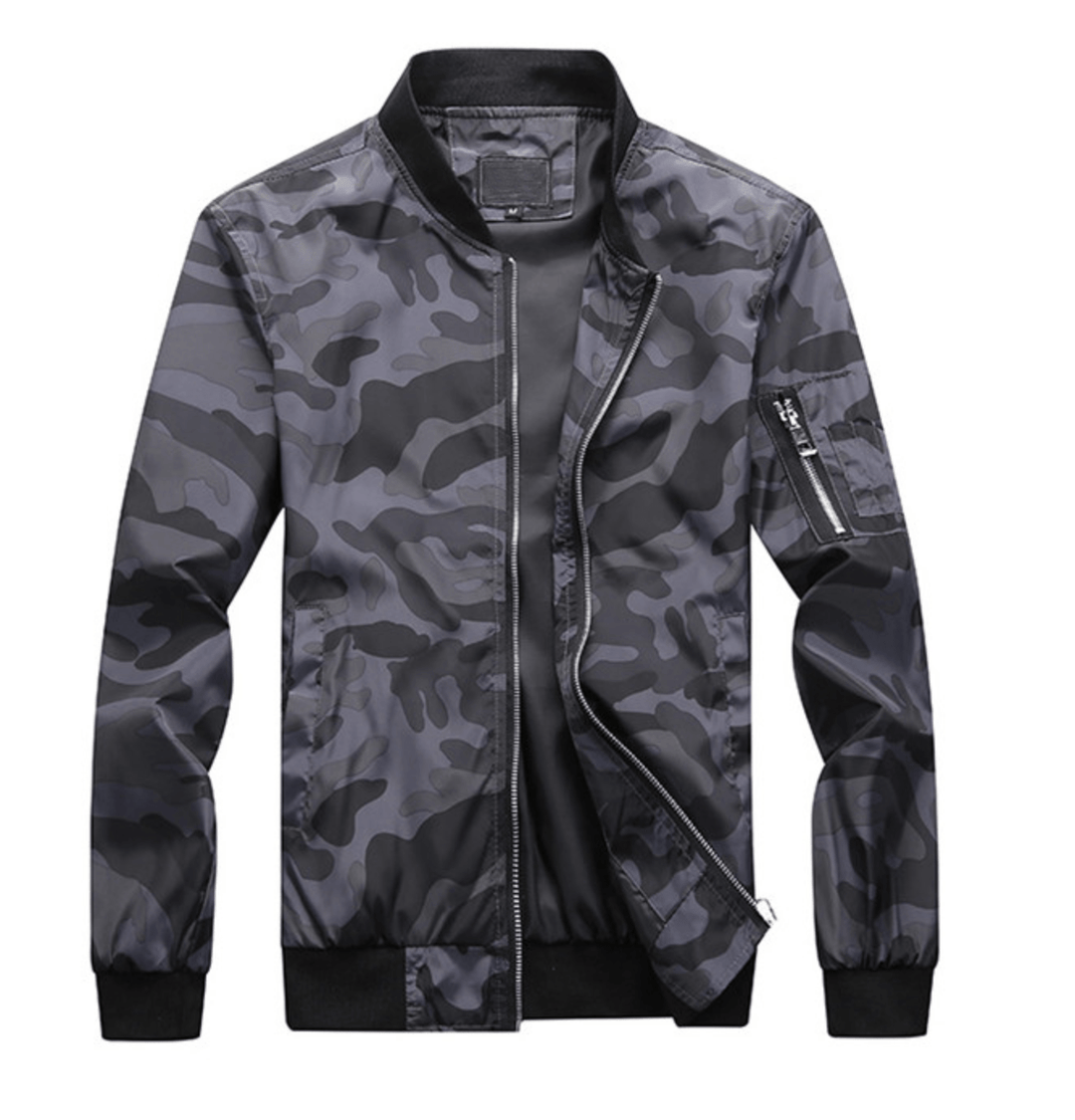 Front view of men's bomber windbreaker jacket with mandarin collar, ideal for casual, all-season style.
