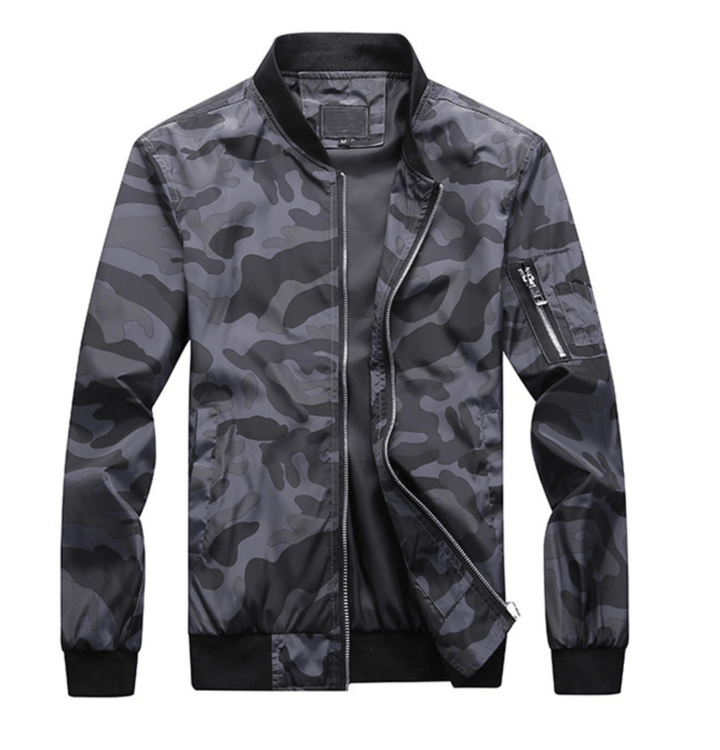Front view of men's bomber windbreaker jacket with mandarin collar, ideal for casual, all-season style.