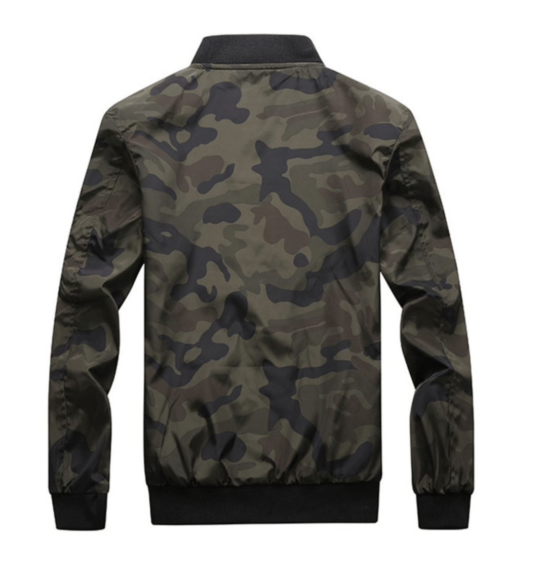 Close-up of mandarin collar and zipper on men's camo windbreaker bomber jacket, polyester outerwear.
