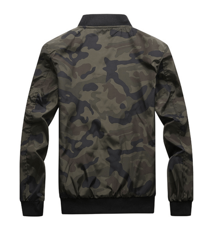 Close-up of mandarin collar and zipper on men's camo windbreaker bomber jacket, polyester outerwear.