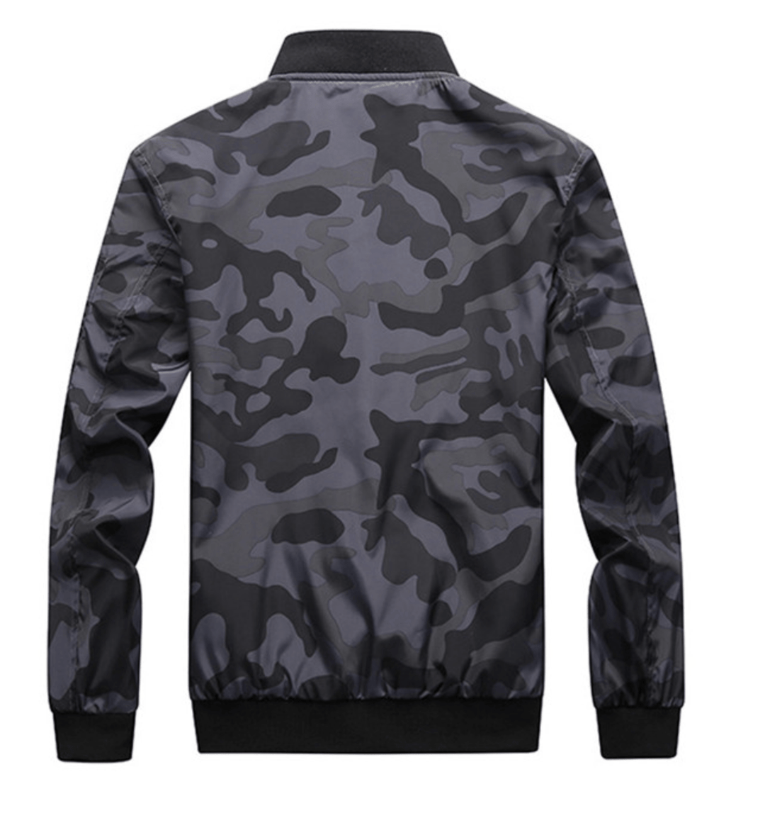 Side profile of men's casual camo windbreaker bomber jacket with mandarin collar and elastic cuffs.