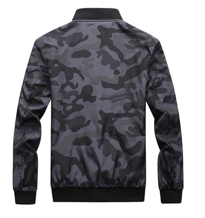 Side profile of men's casual camo windbreaker bomber jacket with mandarin collar and elastic cuffs.