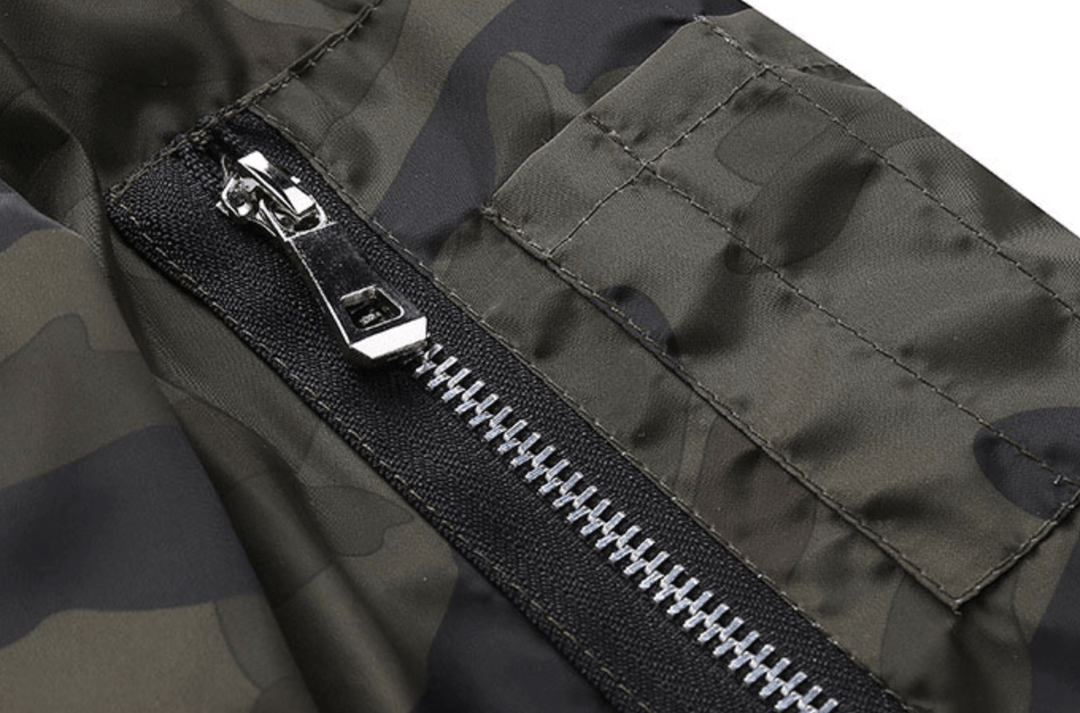 Back view of men's sporty camo windbreaker bomber jacket, lightweight polyester outerwear.