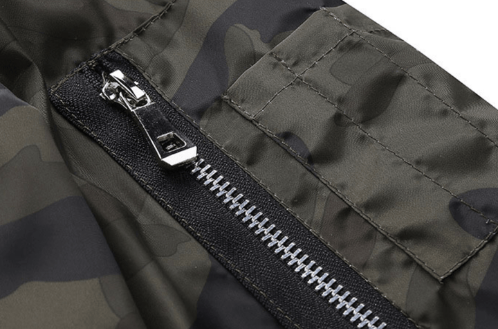 Back view of men's sporty camo windbreaker bomber jacket, lightweight polyester outerwear.