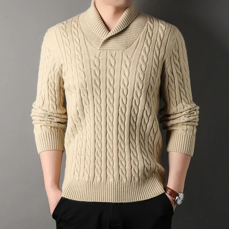 Men's cashmere blend cable knit pullover sweater in a classic winter navy, perfect for casual wear.