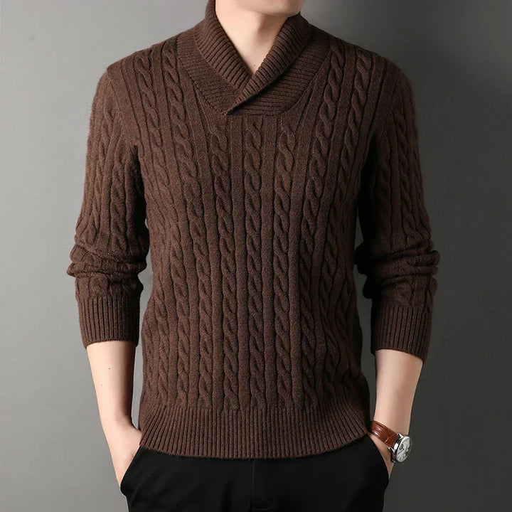 Stylish men's cashmere blend cable knit pullover sweater in gray, ideal for warm, casual winter fashion.