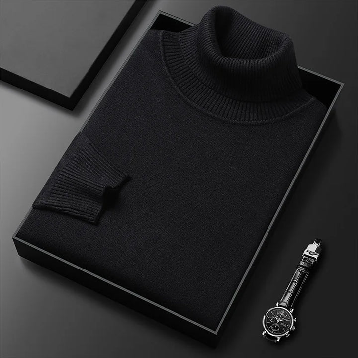 Side view of a men's essential cashmere blend turtleneck sweater, showcasing its comfortable fit and knitwear.