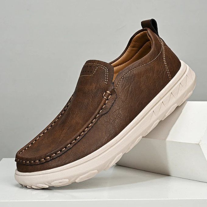 Classic black leather slip-on loafers for men, smart casual footwear, easy to wear.