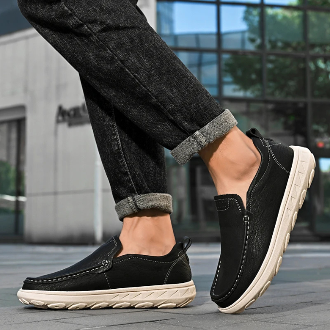 Top-down view of men's slip-on loafers, showcasing the sleek design and comfort.