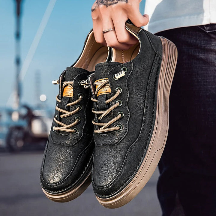 Men's casual leather sneakers in three colors: brown, beige, and black