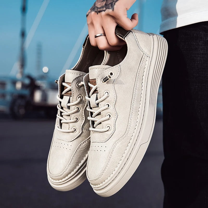 Men's black leather sneakers, full shot of the casual and comfortable design