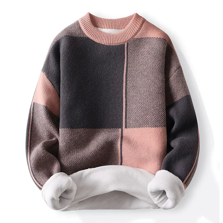 Close-up of men's colorblock crewneck pullover sweater, showcasing knit detail