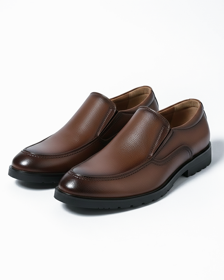 Men's casual comfort slip-on loafers in a classic brown leather finish, perfect for everyday wear.
