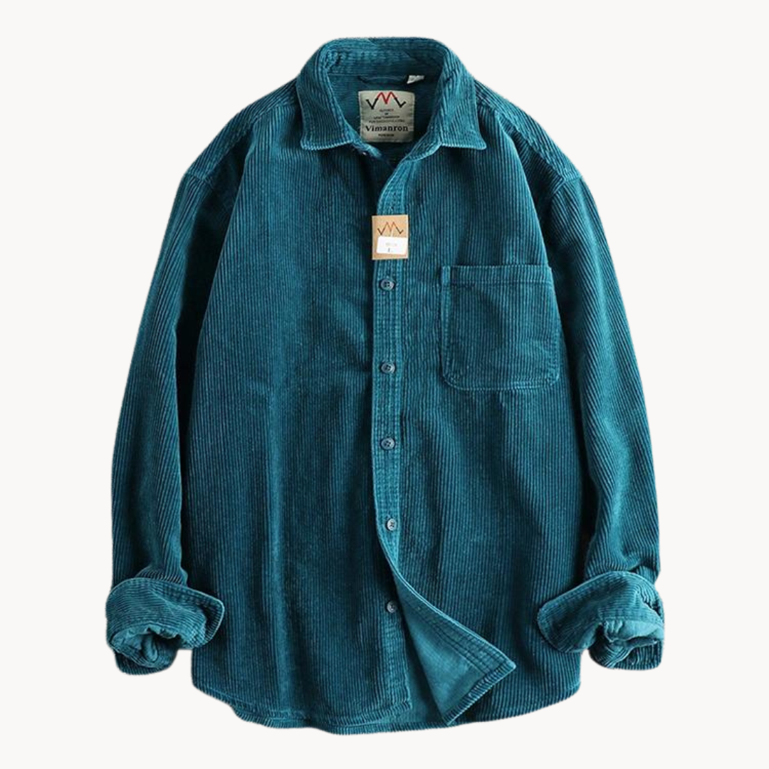 Model showcasing the fit and style of a men's casual corduroy long sleeve button-down shirt.