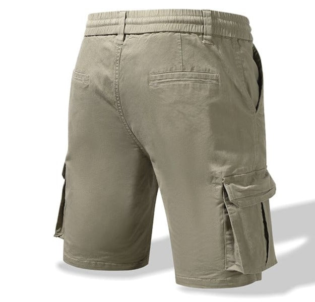 Flat lay of men's everyday cotton blend shorts, showing front and back view, perfect for summer.