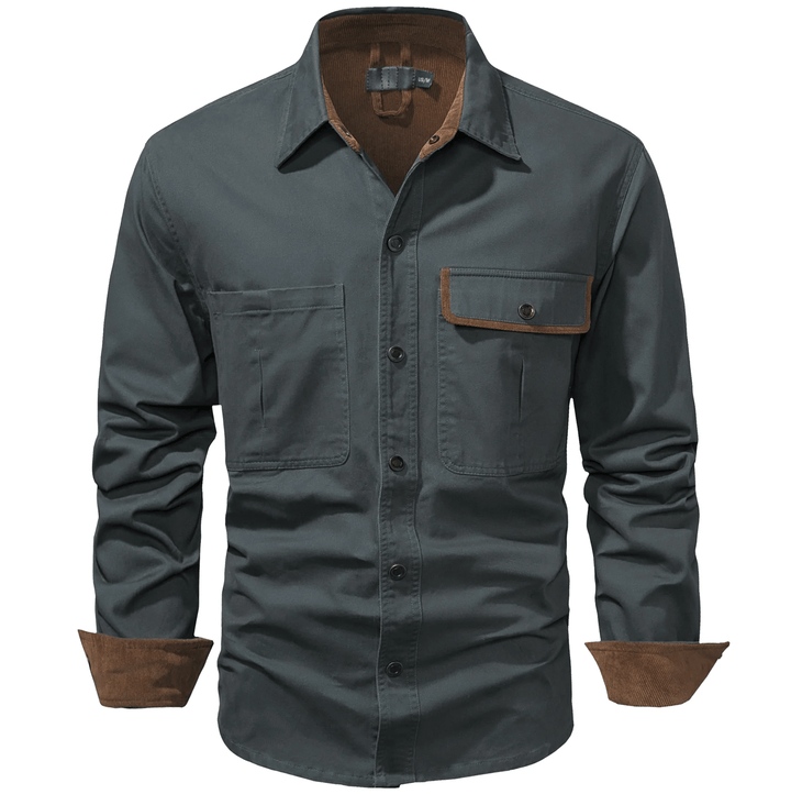 Men's casual cotton button-up shirt jacket in classic navy, perfect for layering.
