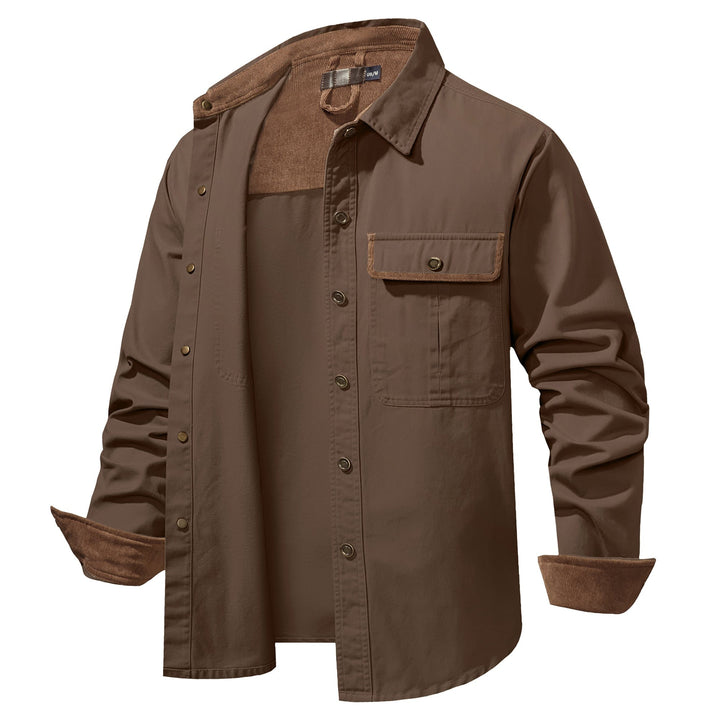 Side profile of men's relaxed fit cotton button-up shirt jacket, comfortable outerwear.