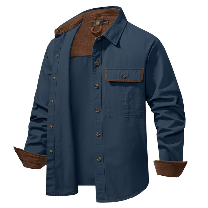Men's everyday wear: black cotton button-up shirt jacket, versatile and practical.