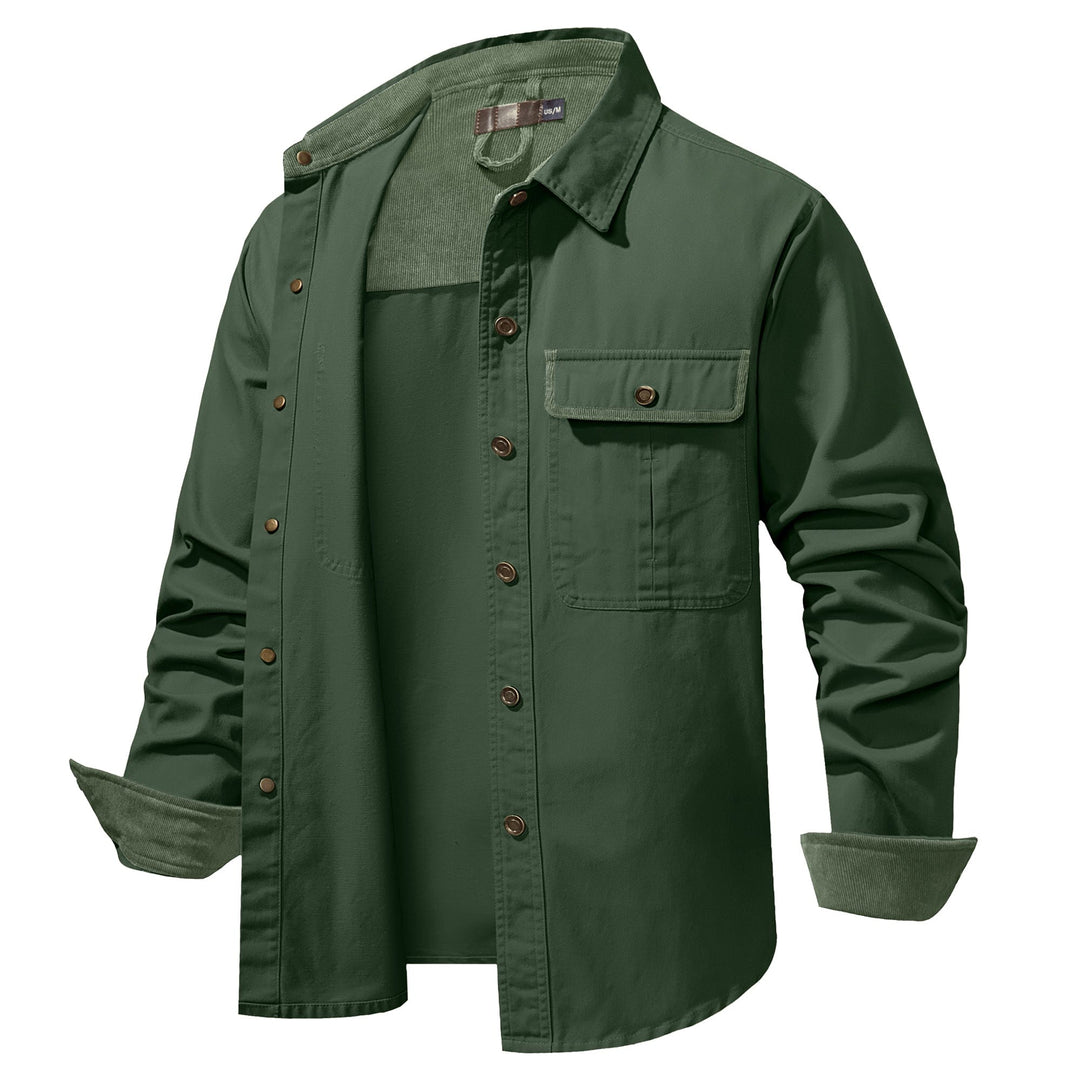 Close-up of the collar on a men's cotton button-up shirt jacket, structured design.