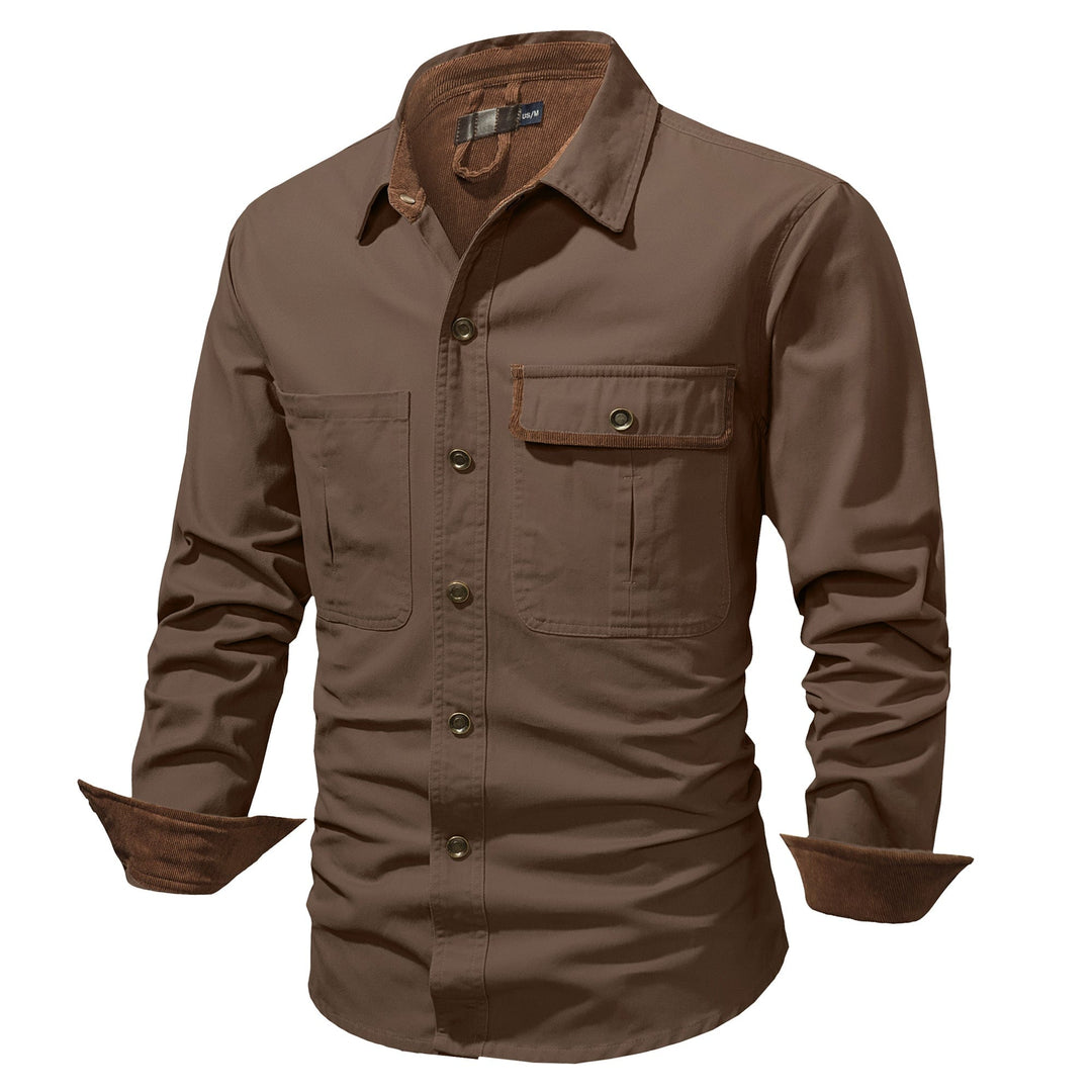 Hanger display of a men's button-up cotton shirt jacket, showcasing its quality.