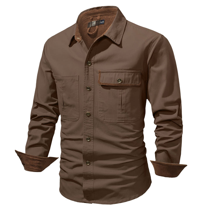 Hanger display of a men's button-up cotton shirt jacket, showcasing its quality.