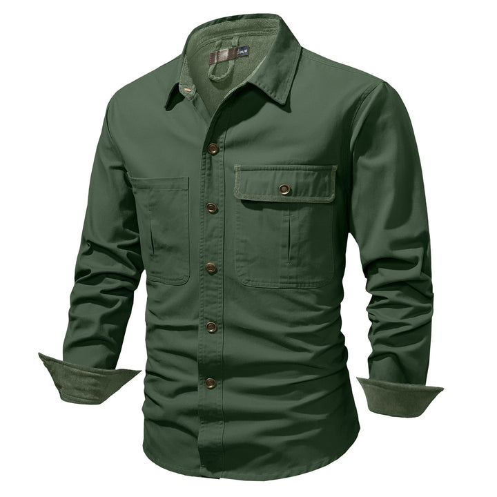 Men's smart casual: dark green cotton button-up shirt jacket with sleeves rolled up.