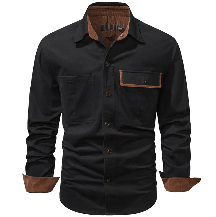 Front view of men's utility khaki cotton shirt jacket with chest pockets, button-up design.
