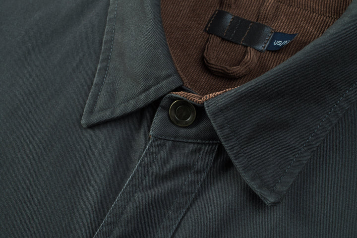 Men's versatile outerwear: denim-look cotton button-up shirt jacket, a wardrobe staple.