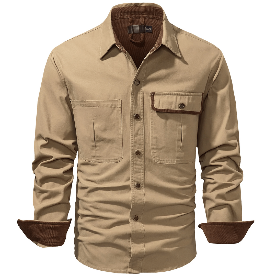 Stylish men's outerwear: gray cotton button-up shirt jacket, ideal for casual wear.