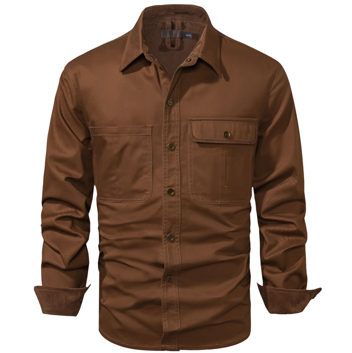 Rear view of a men's versatile cotton button-up shirt jacket, showcasing its clean lines.