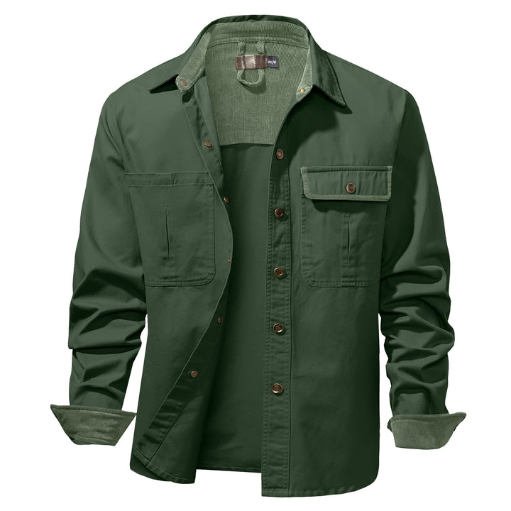 Detail of the button closure on a men's stylish cotton shirt jacket.