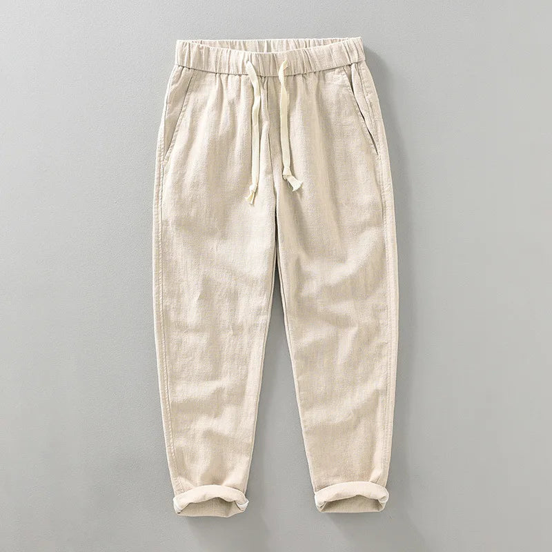 Comfortable men's joggers made from a breathable cotton linen blend fabric, ideal for casual wear.