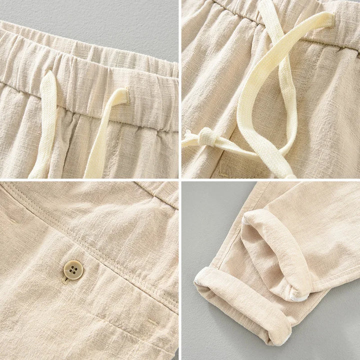 Full-length view of men's cotton linen blend jogger pants, showcasing their relaxed fit.