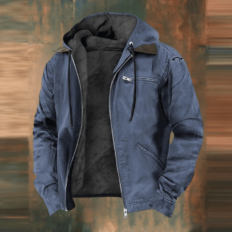 Stylish men's hooded fleece jacket with full zip closure, a versatile piece for spring/fall