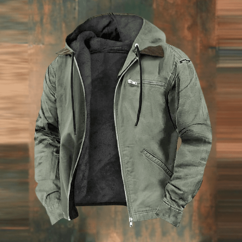 Warm and soft men's zip-up fleece jacket with an attached hood, excellent for layered outerwear