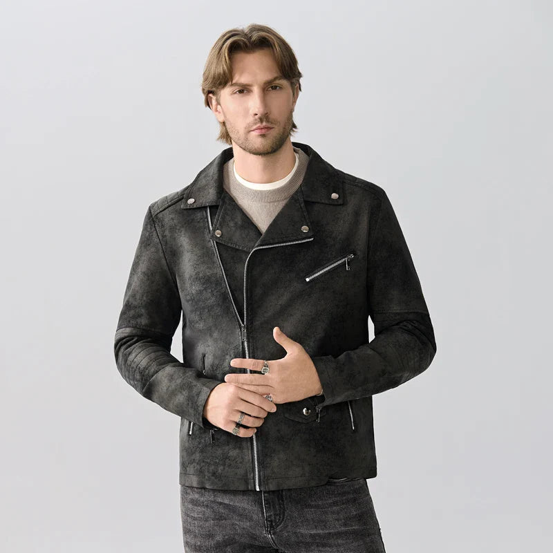 Close-up of the textured fabric on a men's full zip casual jacket, showing quality and detail.