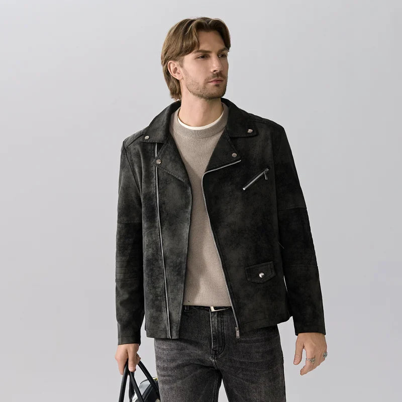 Back view of a men's casual full zip jacket, highlighting its simple and practical design.