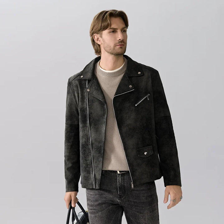 Back view of a men's casual full zip jacket, highlighting its simple and practical design.