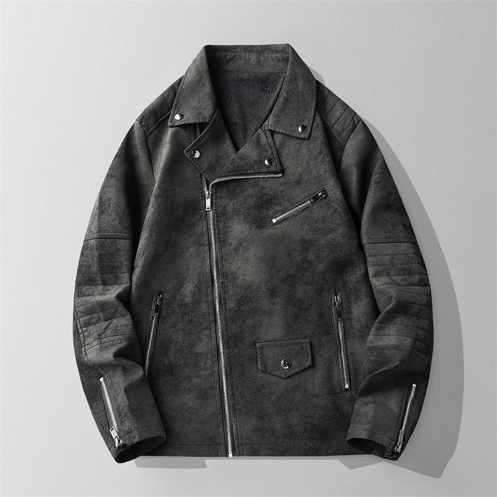 Detailed image of the full zip closure on a men's casual jacket, emphasizing durability.