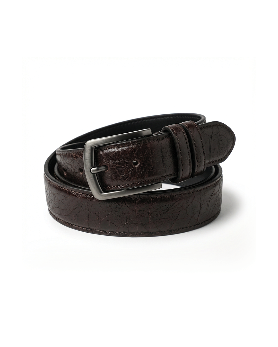 Men's casual genuine leather belt with a sleek gunmetal buckle, perfect for everyday wear.