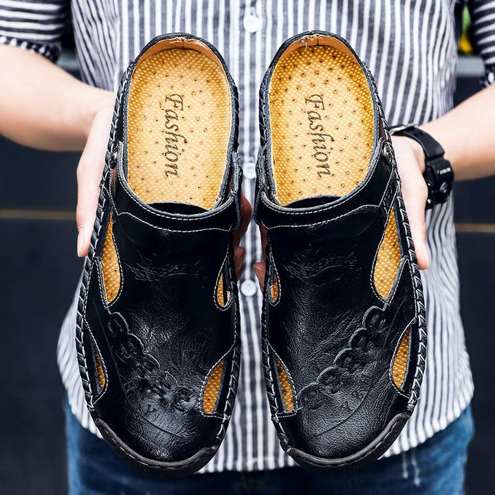 Stylish men's casual leather sandals, open toe and breathable, versatile for summer