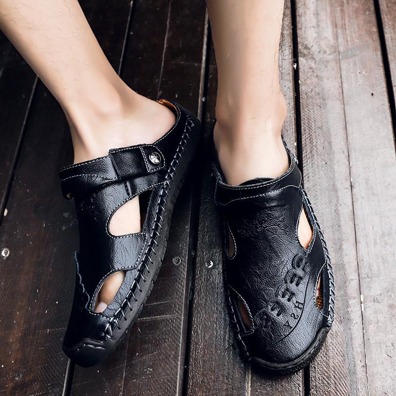 Top-down view of men's genuine leather sandals, highlighting breathable design elements