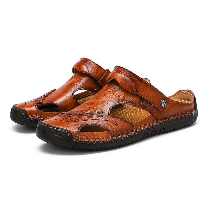 Close-up of men's leather sandals, showcasing genuine leather and breathable construction
