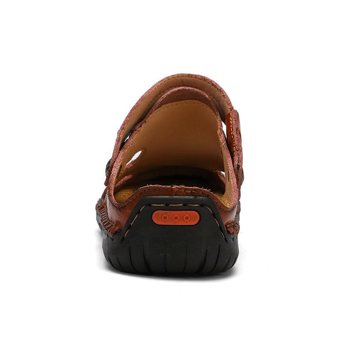 Close-up on the sole of men's genuine leather sandals, sturdy and suitable for everyday