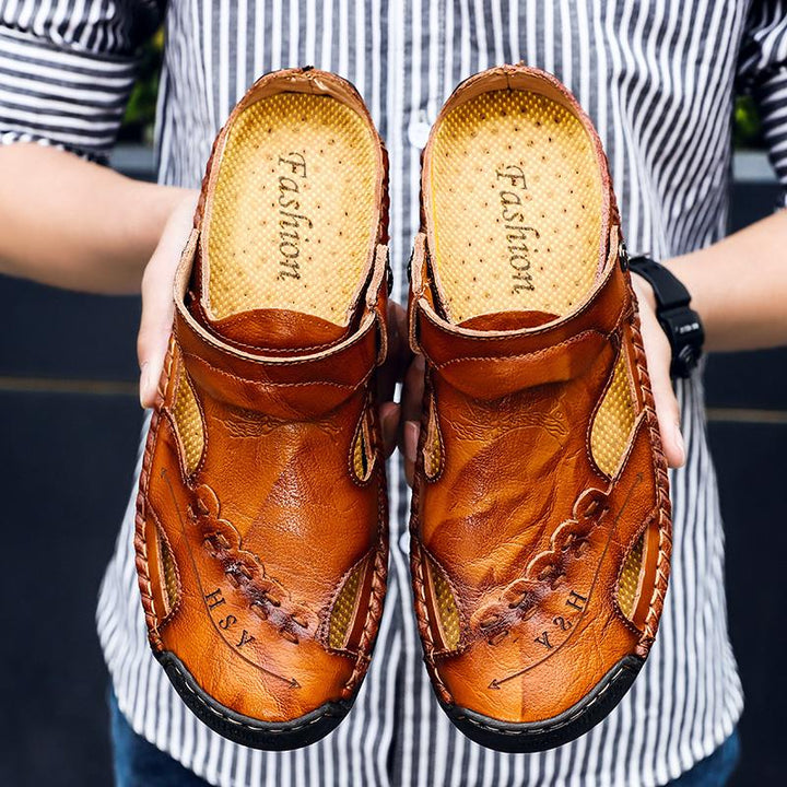 Side view of men's breathable leather sandals, highlighting robust sole and craftsmanship