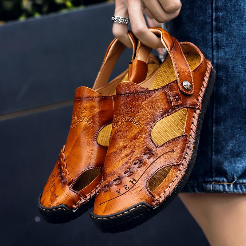 Men's brown leather sandals, casual and breathable, suitable for everyday summer use